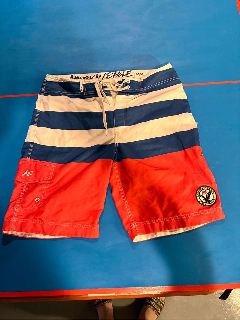 American Eagle Outfitters Navy, White & Red Striped Men’s Swim Board Shorts